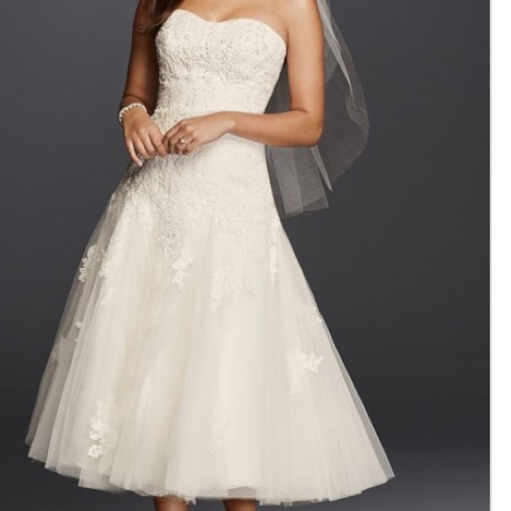 Davids Bridal lace tea length dress. Ivory color